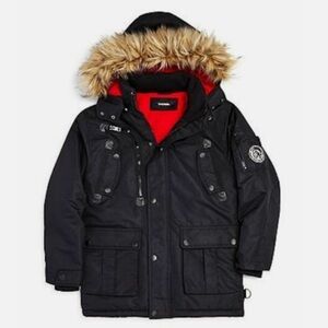 Diesel Kids’ Black Hooded Jacket with Red Fleece Lining